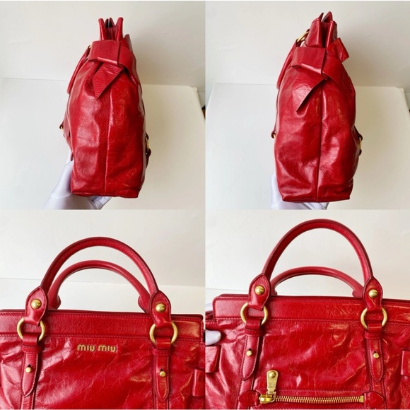 Miu Miu Bow Bag Red Patent Leather Gold Accents X-Body Strap Large Shoulder Bag - Picture 8 of 10